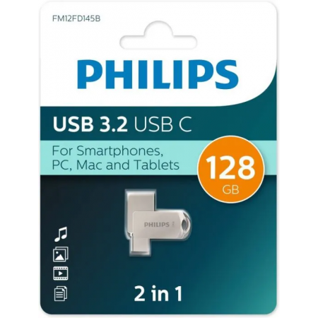 Флеш диск 128Gb PHILIPS 2-in-1 USB 3.2 USB C, OTG, USB 3.2/Type-C, Металл, 100 MB/s, фото 