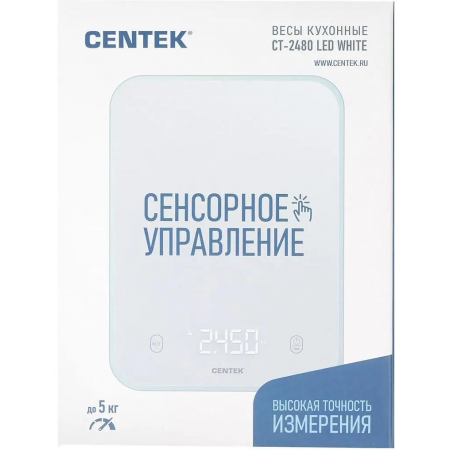 Кухонные весы Centek CT-2480 LED WHITE, сенсор, 150х15х205мм, max 5кг, шаг 1г, Авто Ноль/Выкл, фото , изображение 3