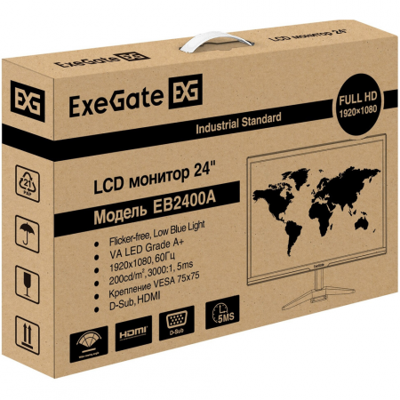 Монитор 24 ExeGate EB2400A (VA LED Grade A+, FHD, 1920x1080@75Гц, 16:9, 200cd/m2, 3000:1, 170°/160°, 5ms, D-Sub, HDMI, Flicker-free, Low Blue Light, кабель HDMI 1.5м, VESA 75x75, регулировка наклона (tilt), черный), фото , изображение 9