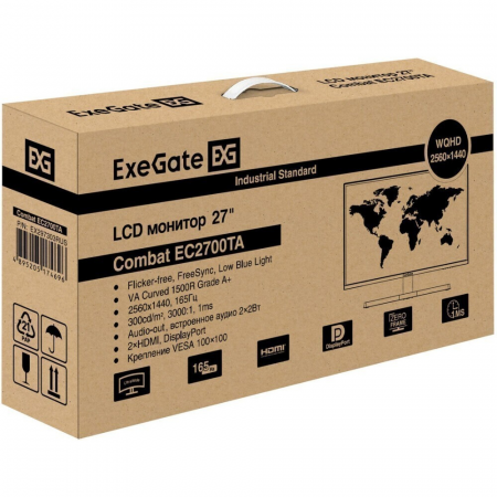 Монитор изогнутый игровой 165 Гц 27 ExeGate Combat EC2700TA (VA Curved R1500 LED Grade A+, 2K, 2560x1440@165Гц (WQHD), 16:9, 300cd/m2, 3000:1, 178°/178°, 1ms, Speakers, 2хHDMI, DisplayPort, USB, аудио выход, Flicker-free, FreeSync, Low Blue Light, кабель , фото , изображение 10