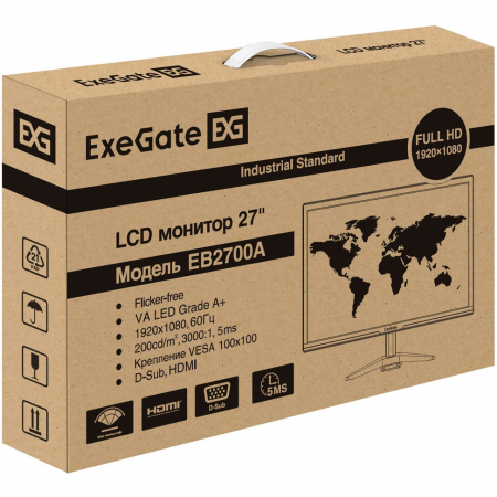 Монитор 27 ExeGate EB2700A (VA LED Grade A+, FHD, 1920x1080@75Гц, 16:9, 200cd/m2, 3000:1, 178°/178°, 8ms, D-Sub, HDMI, Flicker-free, кабель HDMI 1.5м, VESA 100x100, регулировка наклона (tilt), черный), фото , изображение 9