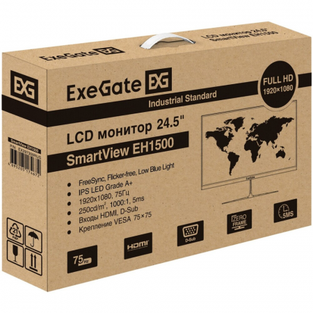 Монитор 24.5 ExeGate SmartView EH1500 (IPS LED Grade A+, FHD, 1920x1080@75Гц, 16:9, 250cd/m2, 1000:1, 178°/178°, 5ms, D-Sub, HDMI, Flicker-free, FreeSync, Low Blue Light, кабель HDMI 1.5м, VESA 75x75, регулировка наклона (tilt), черный), фото , изображение 9