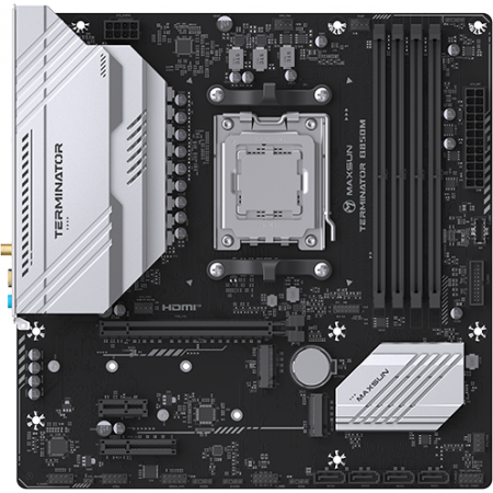 Материнская плата MAXSUN MS-Terminator B850M WIFI, AM5, B850, 4*DDR5, 4*SATA 3.0, 2*M.2, USB 3.2, USB 2.0, Type-C, 1*PCIE 16, 1*PCIE 4, 1*PCIE 1, HDMI+DP, mATX, фото 
