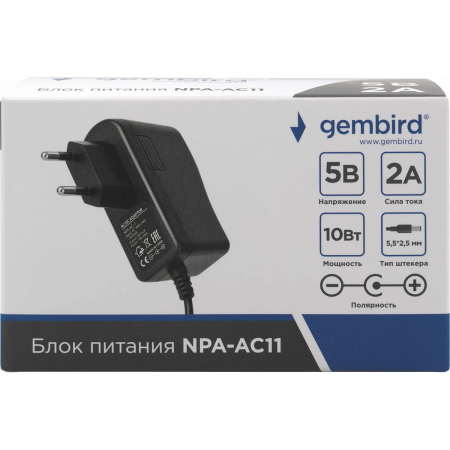 Блок питания Gembird NPA-AC11, 5В/2А, 1 штекер 5,5х2,5мм, фото , изображение 2