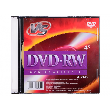 Диск DVD-RW VS 4.7 Gb, 4x, Slim Case (5), (5/200)., фото 