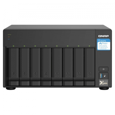 Сетевое хранилище без дисков SMB QNAP TS-832PX-4G 8-Bay NAS, AL324 64-bit quad-core 1.7GHz, 4GB DDR4 SODIMM RAM (up to 1x16 GB), 8 x 3.5/ 2.5 drive slots, 2 x 10GbE SFP+ LAN, 2 x 2.5 GbE LAN, 3 x USB 3.2, PCIe slot  Gen.2 x 2, 3xUSB 3.2, фото 