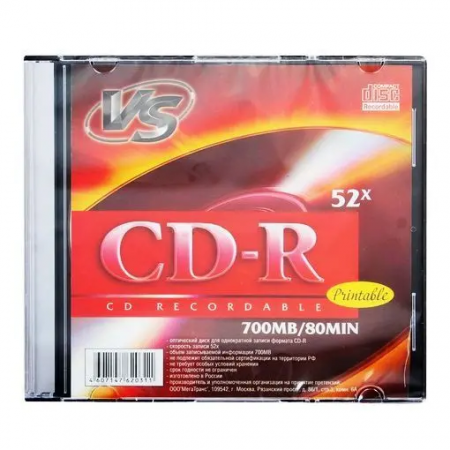 Диск CD-R VS 700 Mb, 52x, Slim Case (5), Printable (5/200), фото 