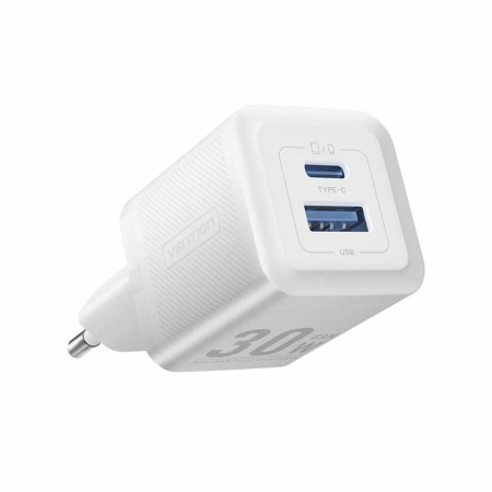 Сетевое зарядное устройство Vention на 2 порт USB С+A GaN 30W  Белый, фото 