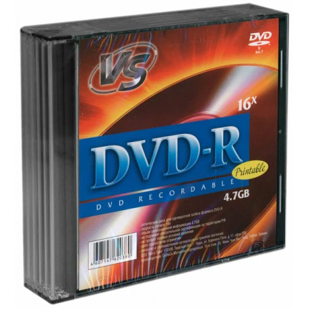 Диск DVD-R VS 4.7 Gb, 16x, Slim Case (5), Ink Printable (5/200), фото 