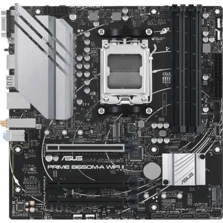 Материнская плата ASUS PRIME B650M-A WIFI II, AM5, AMD B650, 4xDDR5, 4xSATA, 2xM.2, 1xPCI-E 4.0 x16, 2xPCI-E 4.0 x1, 1xHDMI, 1xDP, 1xVGA, 1x 2.5Gb LAN, 2xUSB-A 3.2 Gen 2, 2xUSB-A 3.2 Gen 1, 4xUSB-A 2.0, 3x3.5 мм, 7.1, Micro-ATX, фото 