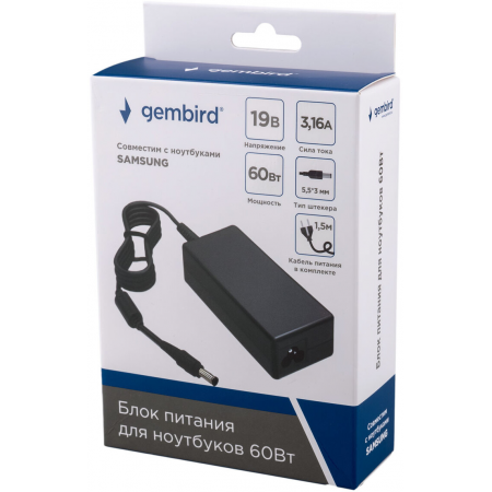 Блок питания Gembird для ноутбуков SAMSUNG NPA-AC29, 19В/3.16А, 60Вт, штекер 5.5x3мм, фото , изображение 4