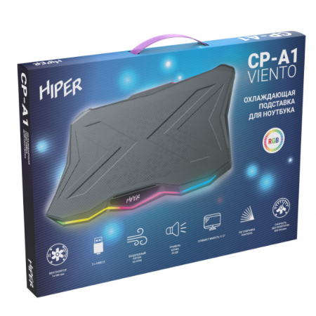 Подставка для ноутбука охлаждающая HIPER VIENTO /1 вентилятор/800 об.в мин/23 дБ/ 2xUSB2.0/ 5 углов наклона/RGB-подсветка/черный (CP-A1), фото , изображение 10