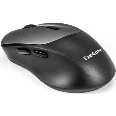 Беспроводная мышь ExeGate Professional Standard BT-070 (радиоканал 2,4 ГГц+Bluetooth5.2, оптическая, 1600dpi, 6D, 6 кнопок и колесо прокрутки, 500mah аккумулятор, черная, серая вставка, RTL), фото , изображение 3