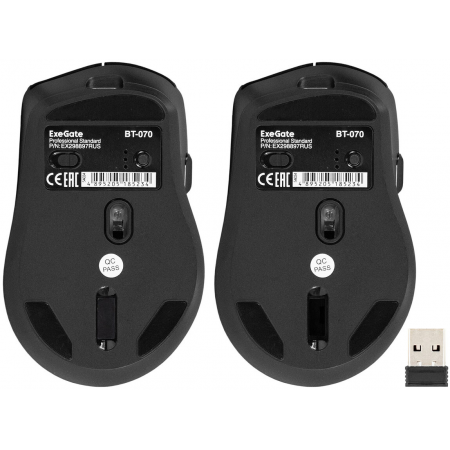 Беспроводная мышь ExeGate Professional Standard BT-070 (радиоканал 2,4 ГГц+Bluetooth5.2, оптическая, 1600dpi, 6D, 6 кнопок и колесо прокрутки, 500mah аккумулятор, черная, серая вставка, RTL), фото , изображение 7