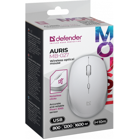 Мышь беспроводная Defender Auris MB-027 белый, 1600 dpi, радиоканал, USB, кнопки - 4, фото , изображение 4