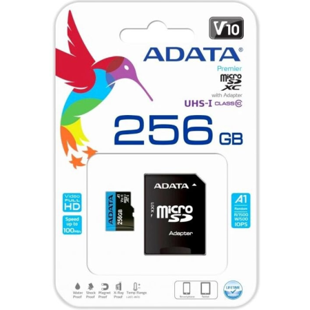 Карта памяти ADATA microSDXC 256GB ADATA Premier Memory Card AUSDX256GUICL10A1-RA1 UHS-I Class 10/V10 A1, 100/25 MB/s, AUSDX256GUICL10A1-RA1 Adapter, -25°C + 85°C, RTL (466266), фото , изображение 3