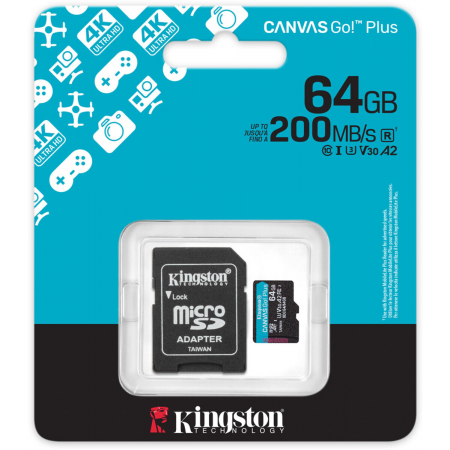 Флеш карта microSD 64GB Kingston microSDXC Class UHS-I U3 V30 Canvas Go (SD адаптер) 45MB/s, фото , изображение 3