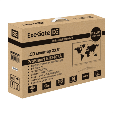 Монитор с аудио 23.8" 100 Гц ExeGate ProSmart EH2407A (IPS LED Grade A+, FHD, 1920x1080@100Гц, 16:9, 250cd/m2, 1000:1, 178°/178°, 3-5ms, audio-out, Speakers 2x3W, D-Sub, HDMI2.0, DisplayPort, FreeSync, Flicker-free, Low Blue Light, кабель HDMI 1.5м, VESA, фото , изображение 9