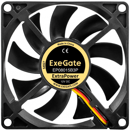 Вентилятор 12В DC ExeGate ExtraPower EP08015B3P (80x80x15 мм, 2-Ball (двойной шарикоподшипник), 3pin, 2600RPM, 26dBA), фото , изображение 2