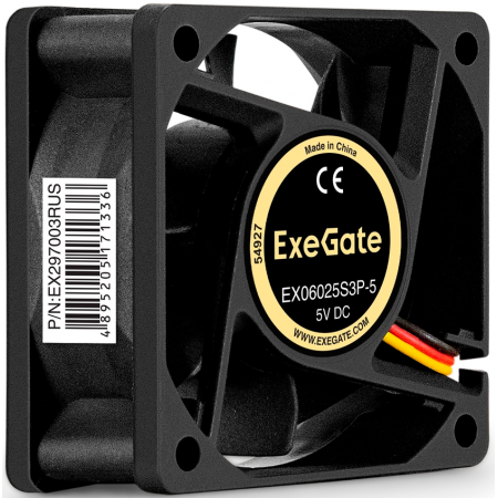 Вентилятор 5В DC ExeGate EX06025S3P-5 (60x60x25 мм, Sleeve bearing (подшипник скольжения), 3pin, 3500RMP, 25,3dBA), фото , изображение 3