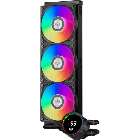 Система охлаждения Water Cooling System PCCooler DA360 Pro ARGB Digital BK (300W, 360mm, LED temp., Black, ARGB Fans: 3x120mm, 75.8CFM, 33.7dBA, 2200RPM Pump height 57mm, 28dBA, 3000RPM, Rad thickness 27mm S: 1851, 1700, 1200, 20XX, 115X, AM5, AM4), фото , изображение 2