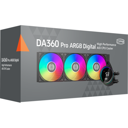 Система охлаждения Water Cooling System PCCooler DA360 Pro ARGB Digital BK (300W, 360mm, LED temp., Black, ARGB Fans: 3x120mm, 75.8CFM, 33.7dBA, 2200RPM Pump height 57mm, 28dBA, 3000RPM, Rad thickness 27mm S: 1851, 1700, 1200, 20XX, 115X, AM5, AM4), фото , изображение 7