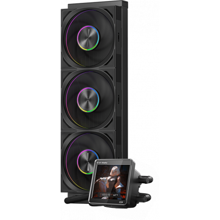 Система охлаждения Water Cooling System PCCooler DT360 ARGB Display BK (300W, 360mm, LED temp., Black, ARGB Fans: 3x120mm, 83.83CFM, 3000RPM Pump height 62mm, 15dBA, 2600RPM, Rad thickness 27mm S: 1851, 1700, 1200, 115X, AM5, AM4), фото 