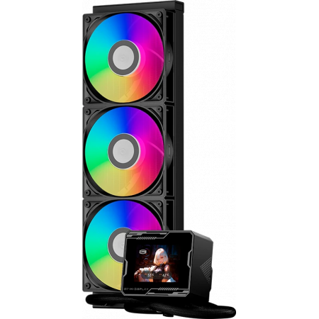 Система охлаждения/ Water Cooling System PCCooler GT360M ARGB Display BK (300W, 360mm, LED temp., Black, ARGB/ Fans: 3x120mm, 75.8CFM, 33.7dBA, 2200RPM/ Pump height 85mm, 15dBA, 2600RPM, Rad thickness 27mm/ S: 1851, 1700, 1200, 115X, AM5, AM4), фото 