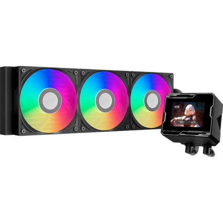 Система охлаждения Система охлаждения/ Water Cooling System PCCooler GT360M ARGB Display BK (300W, 360mm, LED temp., Black, ARGB/ Fans: 3x120mm, 75.8CFM, 33.7dBA, 2200RPM/ Pump height 85mm, 15dBA, 2600RPM, Rad thickness 27mm/ S: 1851, 1700, 1200, 115X, AM, фото , изображение 2